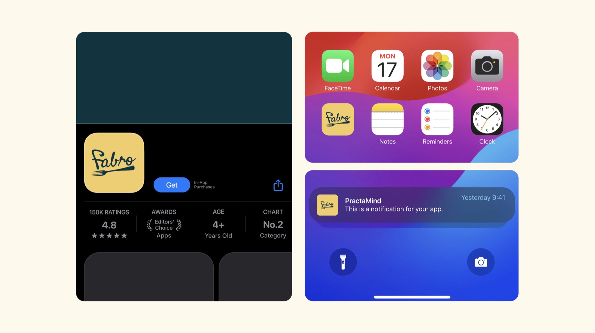 The Fabro app icon on the App Store listing, a home screen and a notification