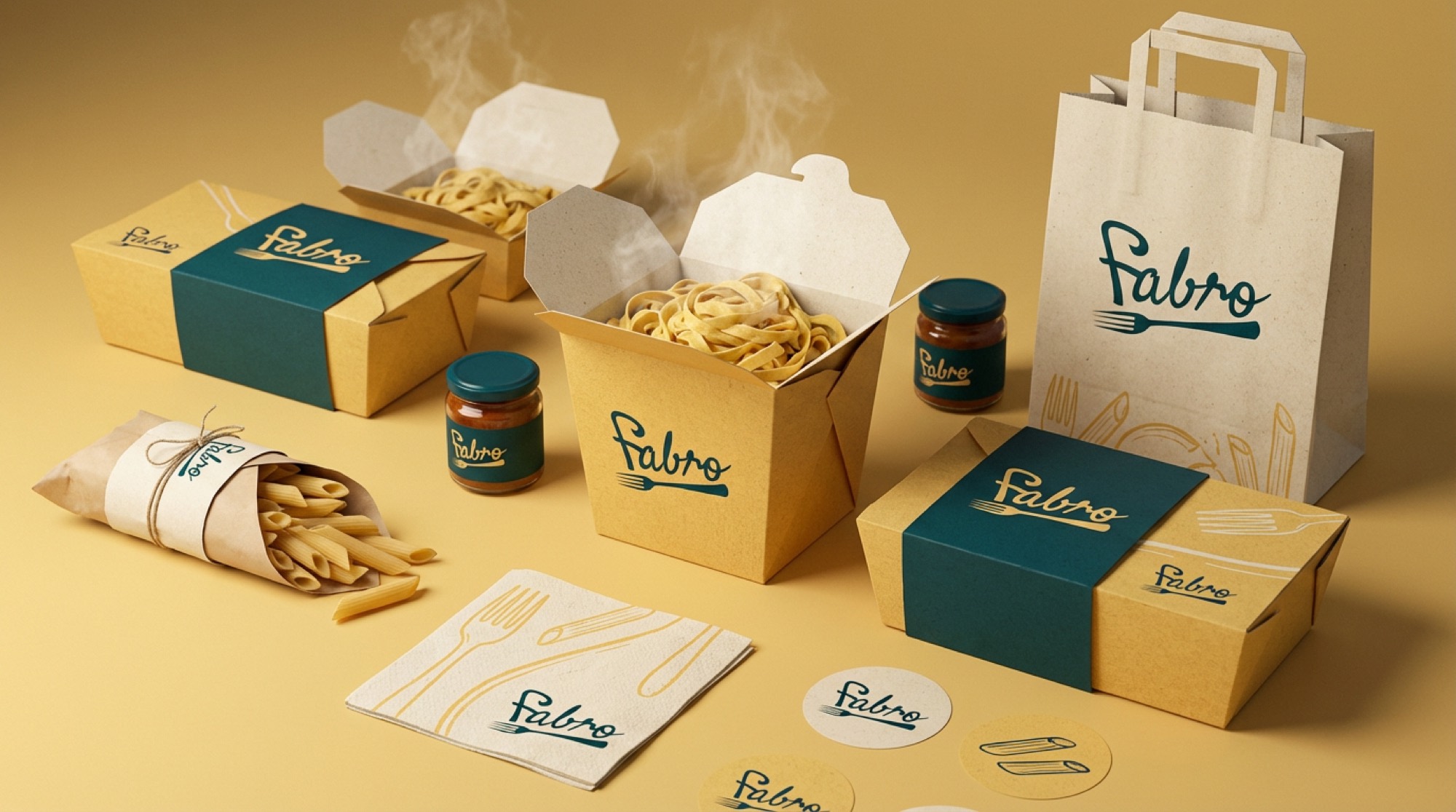 Fabro Pasta packaging — boxes, bags and sauce jars in the brand teal and gold