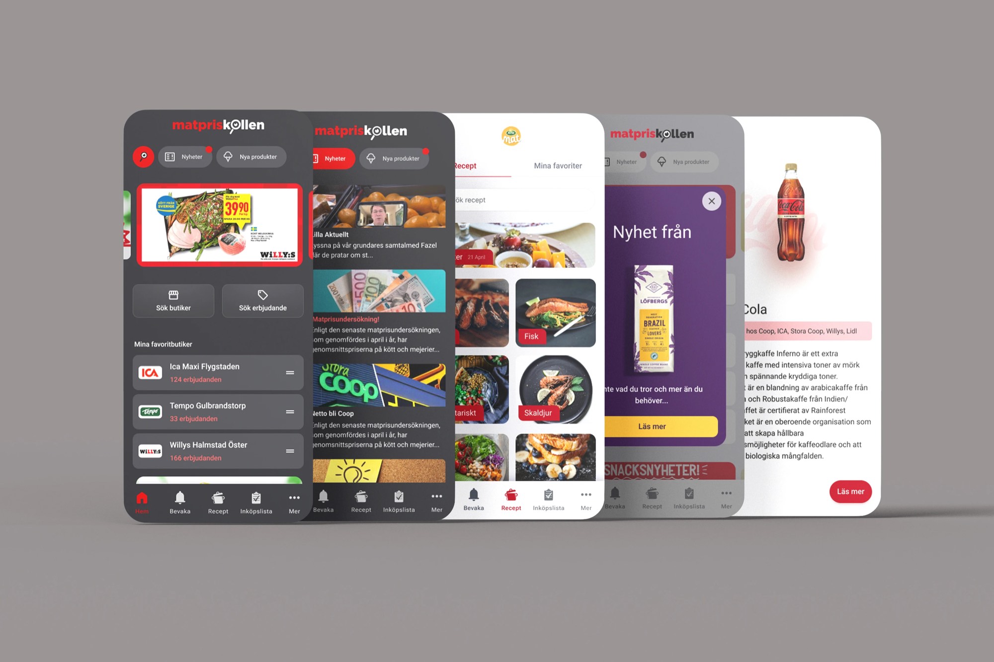 Matpriskollen app screens in dark mode
