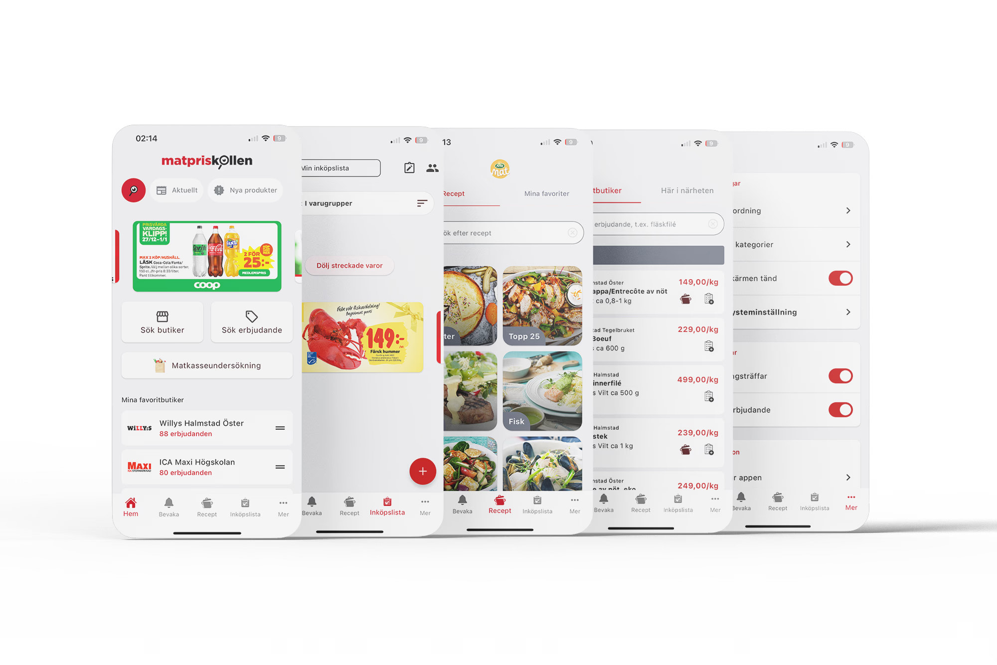 Matpriskollen app screens — home, shopping list, recipes, offers and settings